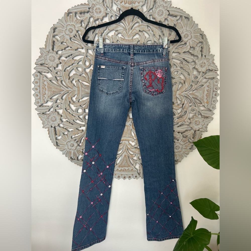 Unique PEPE JEANS–Y2K Pink & Red Embroidery With Pin-Embellished Low-Waist Denim
